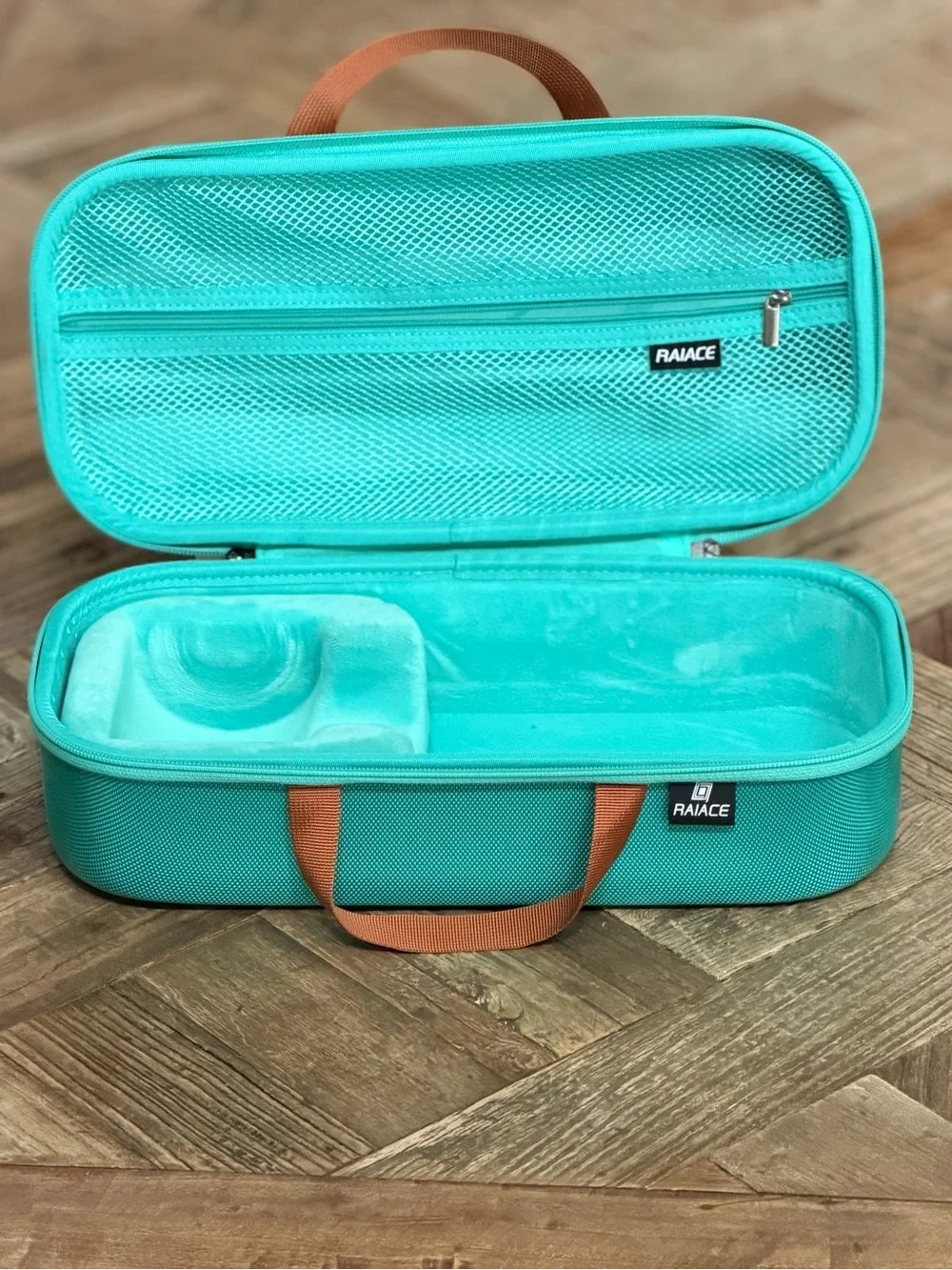 PALACE Turquoise Hard-Shell Garment Bag with Brown Handles for Dyson dryer